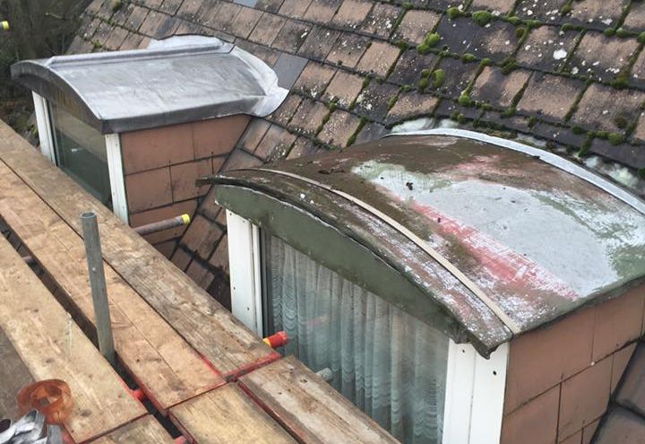 Before and after repaired lead roofing